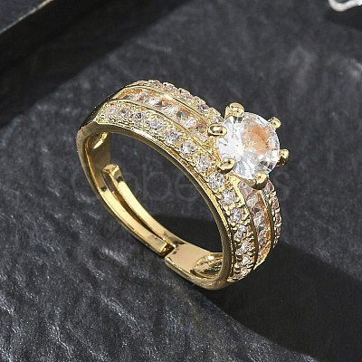 Adjustable Brass Finger Rings with Round Cubic Zirconia Center & Baguette Accents for Women CU-CBA7E55-16G-1