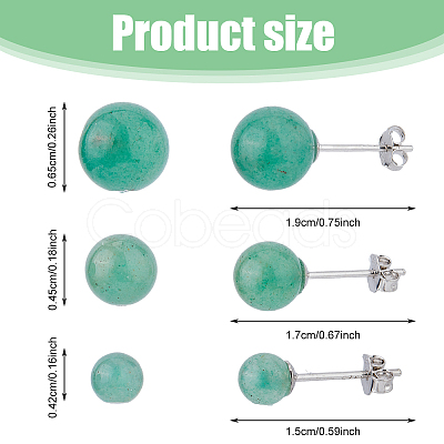 3 Pairs 3 Styles Natural Green Aventurine Round Stud Earrings with 925 Sterling Silver Pins EJEW-FI0002-16-1