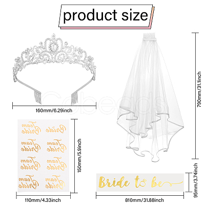 Bride to Be Veil & Alloy Bride Crown Hair Band & Glitter Bachelorette Sash & Sticker Set OHAR-WH0029-10-1