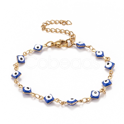 Enamel Rhombus with Evil Eye Link Chains Bracelet BJEW-P271-03G-03-1