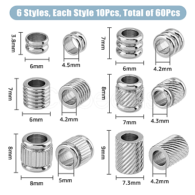 60Pcs 6 Style 201 Stainless Steel European Beads STAS-FH0002-06-1