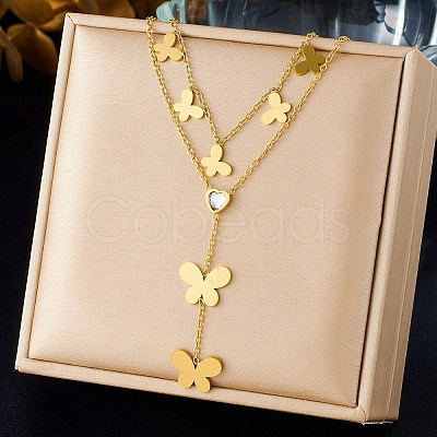 304 Stainless Steel Crystal Rhinestone Butterfly Pendant Double Layer Necklaces for Women NJEW-B083-01G-1