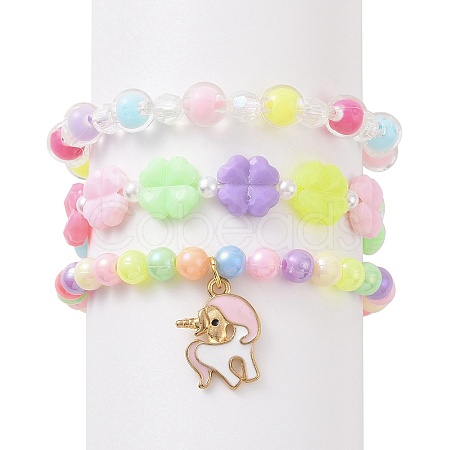 3Pcs 3 Style Acrylic Clover & Imitation Pearl Beaded Stretch Bracelets Set BJEW-JB09104-1