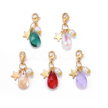 Glass Teardrop & Imitation Pearl & Star Pendant Decorations HJEW-FS0001-02-1