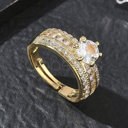 Adjustable Brass Finger Rings with Round Cubic Zirconia Center & Baguette Accents for Women CU-CBA7E55-16G-1