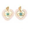 Heart with Eye Woven Glass & Brass Beaded Dangle Stud Earrings EJEW-A105-04G-01-1