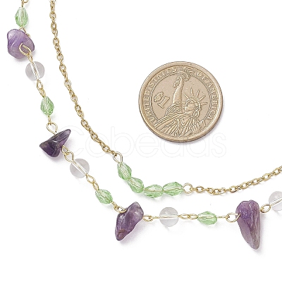 Natural Amethyst Chip & Glass & 304 Stainless Steel Handmade Link Chain Double Layer Necklaces for Women NJEW-JN05363-02-1