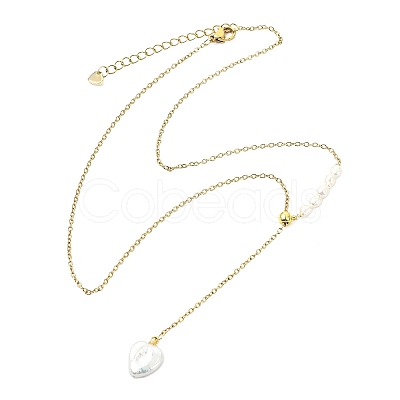 Adjustable Natural Baroque Keshi Pearl Heart Pendant 304 Stainless Steel Cable Chain Y Shaped Lariat Necklaces for Women NJEW-JN06095-1