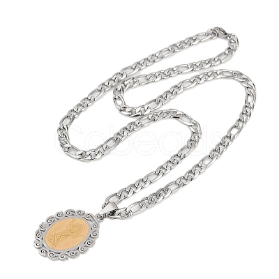 Oval with Virgin Pattern 201 Stainless Steel Pendant Necklaces for Men Women NJEW-K283-22G-1