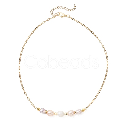 Natural Pearl Rice Beaded Necklaces with 304 Stainless Steel Paperclip Chains NJEW-JN05977-02-1