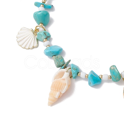 Summer Beach Synthetic Turquoise Chip Starfish & Natural Shell & Alloy Enamel Charm Anklets AJEW-TA00037-1
