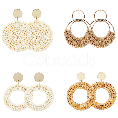 4 Pairs 4 Styles Rattan Dangle Stud Earrings EJEW-SP0001-16D-1