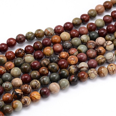 Natural Polychrome Jasper/Picasso Stone/Picasso Jasper Round Bead Strands G-J303-16-8mm-1