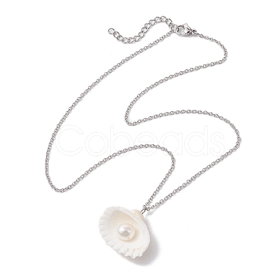 Natural Clam Shell & Imitation Pearl Pendant Necklaces NJEW-JN05006-1
