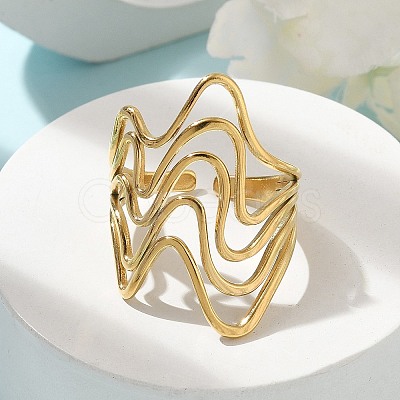 Ion Plating(IP) 304 Stainless Steel Wave Open Cuff Ring for Women RJEW-M025-01G-1