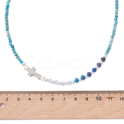 Natural Apatite Faceted Round and Dyed Malaysia Jade & Pearl Beaded Necklaces with Brass Micro Pave Clear Cubic Zirconia Cross NJEW-JN05975-02-1