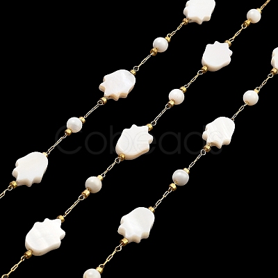 Natural Shell Hamsa Hand & Round Link Chains CHS-G028-06G-1