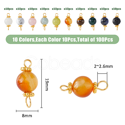 100Pcs 10 Styles Natural Mixed Gemstone Round Link Connector Charms PALLOY-FH00004-1