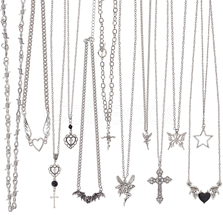 12Pcs 12 Style Heart & Cross & Butterfly & Bat Alloy Enamel Pendant Necklaces Set with Rhinestone NJEW-FI0001-03-1
