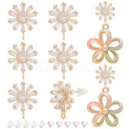 8Pcs Brass Pave Clear Cubic Zirconia Flower Stud Earrings Finding KK-BC0011-13-1