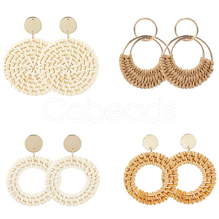 4 Pairs 4 Styles Rattan Dangle Stud Earrings EJEW-SP0001-16D-1