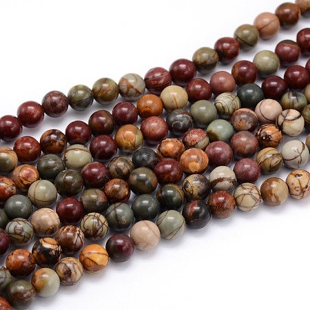 Natural Polychrome Jasper/Picasso Stone/Picasso Jasper Round Bead Strands G-J303-16-8mm-1