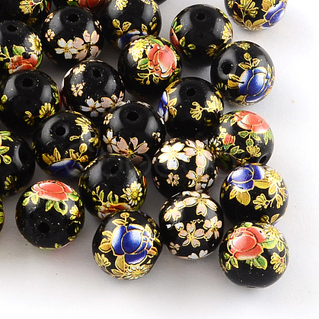 Mixed Flower Picture Printed Glass Round Beads GFB-R004-12mm-M21-1
