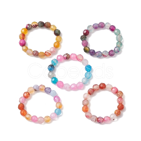 Dyed & Heated Round Natural Agate Beads Stretch Rings for Women RJEW-JR00694-1