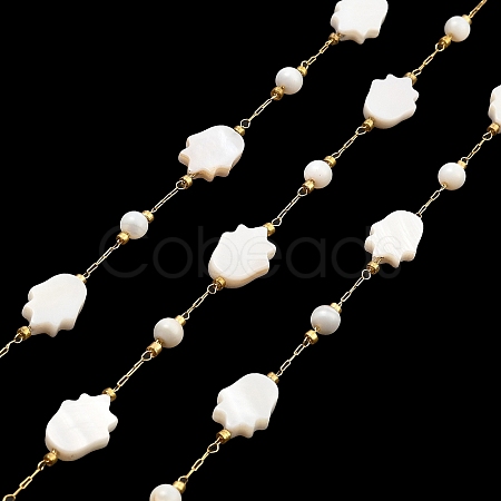 Natural Shell Hamsa Hand & Round Link Chains CHS-G028-06G-1