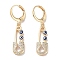 Real 18K Gold Plated Brass Dangle Leverback Earrings, with Enamel and Cubic Zirconia, Safety Pin with Evil Eye, Blue, 36.5x8mm