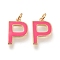 Brass Enamel Pendants, with Jump Ring, Long-Lasting Plated, Real 18K Gold Plated, Letter.P, Hot Pink, Letter.P, P: 17x11.5x1.8mm, Jump Rings: Inner Diameter: 3mm