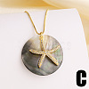 Summer Beach Brass & Natural Paua Shell Flat Round Pendant Necklaces for Women WG98B2F-02-1