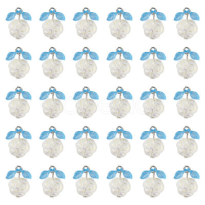 30Pcs Transparent Glass Flower Pendants with Deep Sky Blue Acrylic Leaf PALLOY-TAC0241-1