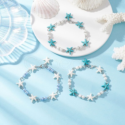 3Pcs Synthetic Turquoise Starfish Link Bracelets for Women BJEW-JB12469-1