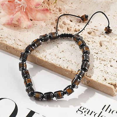 Adjustable Natural Tiger Eye and Non-magnetic Synthetic Hematite Braided Bead Bracelets BJEW-Z090-01K-1