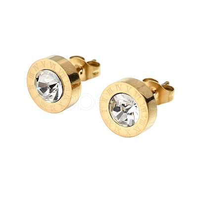 Flat Round 304 Stainless Steel & Crystal Rhinestone Stud Earrings for Women EJEW-G459-02G-1