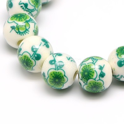 Handmade Flower Printed Porcelain Ceramic Beads Strands PORC-M007-10mm-16-1