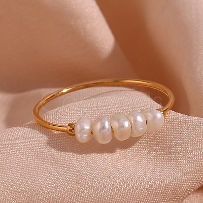 Nuggets Stainless Steel & Natural Freshwater Pearl Beads Finger Rings WG1BE4A-04-1