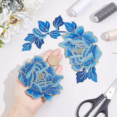2Pcs 2 Style Peony Polyester Embroidery Sew on Clothing Patches PATC-NB0001-11B-1