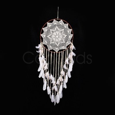 Handmade Round Cotton Woven Net/Web with Feather Wall Hanging Decoration HJEW-G015-02B-1