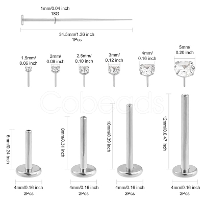 15Pcs 304 Stainless Steel Clear Cubic Zirconia & G23 Titanium Alloy Flat Round Stud Earrings EJEW-FS0001-30-1