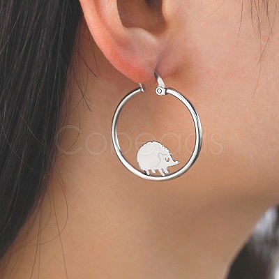 Non-Tarnish 304 Stainless Steel Hedgehog Beaded Hoop Earrings EJEW-F320-02P-1
