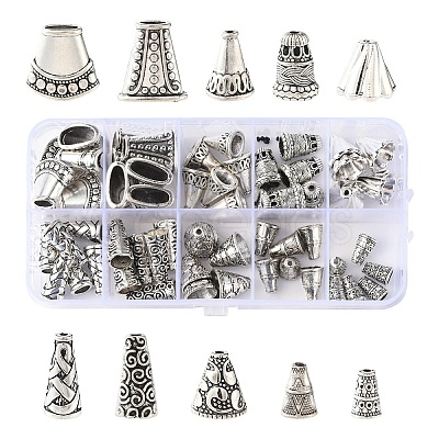 60Pcs 10 Styles Tibetan Style Alloy & Brass & CCB Plastic Bead Cones PALLOY-YW0003-28-1