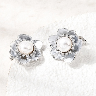 Brass Micro Pave Cubic Zirconia Enamel Stud Earrings CU-CBABA66-12B-P-1