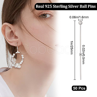 25 Pairs 925 Sterling Silver Ball Head Pins STER-BBC0001-52-1