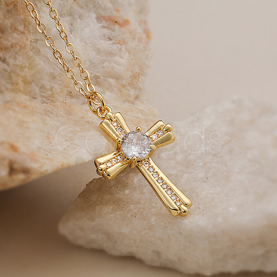 Brass Micro Pave Clear Zirconia Religion Cross Pendant Necklaces for Women WG029CE-01-1