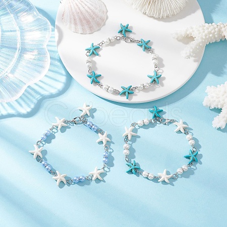 3Pcs Synthetic Turquoise Starfish Link Bracelets for Women BJEW-JB12469-1