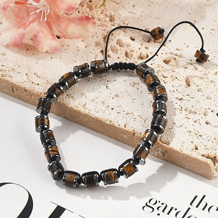 Adjustable Natural Tiger Eye and Non-magnetic Synthetic Hematite Braided Bead Bracelets BJEW-Z090-01K-1