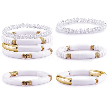 4Pcs 4 Style Acrylic Chunky Curved Tube Stretch Bracelet Sets BJEW-SW00074-06-1