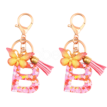 Fashion Alphabet Initial Letter Resin Keychain with Tassel Gradient Butterfly Pendant Key Ring KEYC-WH0027-105B-1